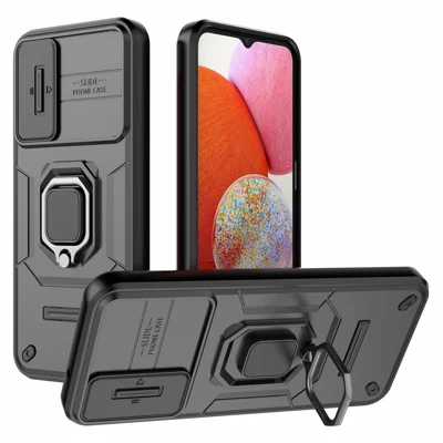 Back Shell for Samsung Galaxy A14 5G / A14 4G PC+TPU Phone Case Slide Lens Protection Kickstand Cover - Black