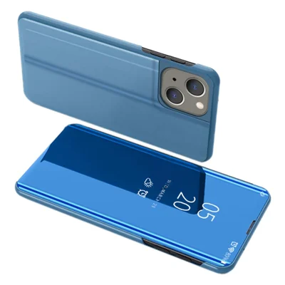 Miroir Surface View Fenêtre Couvrir pour iPhone 15, Électroplaquage Cuir Support Téléphone Cas - Bleu