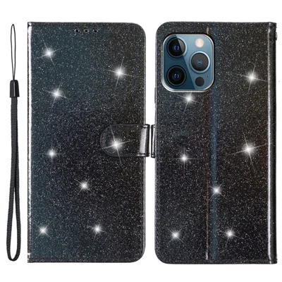 For iPhone 15 Pro Max Glittery Phone Case PU Leather Wallet Stand Full Protection Cover - Black