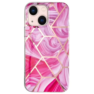 For iPhone 15 Plus Electroplating Phone Case IMD Pattern TPU Phone Back Cover - Marble / Red Rhombus