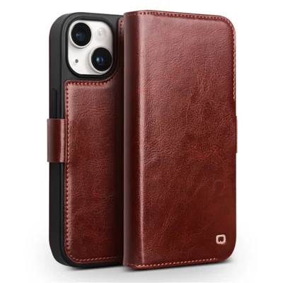 Capa de telefone de couro genuíno de vaca + TPU para iPhone 15 Plus com fechamento magnético e à prova de choques - Marrom escuro