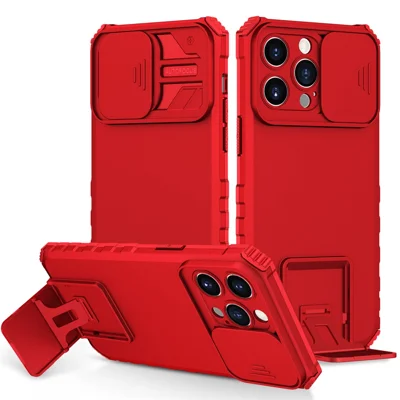 For iPhone 15 Pro Max Slide Camera Lid PC+TPU Phone Case Anti-drop Kickstand Back Cover - Red