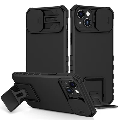 For iPhone 15 Plus Slide Camera Lid Phone Case PC+TPU Shockproof Cover with Kickstand - Black
