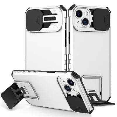For iPhone 15 Plus Slide Camera Lid Phone Case PC+TPU Shockproof Cover with Kickstand - White