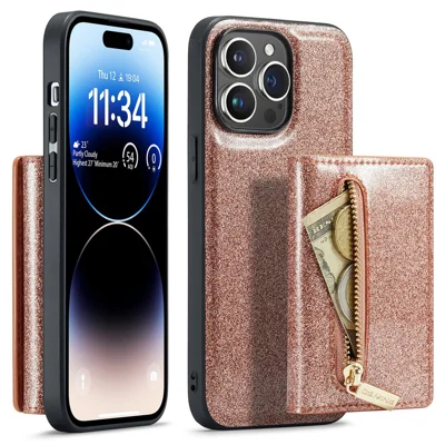 DG.MING M3 Serie für iPhone 15 Pro Kickstand-Hülle Glitzerndes Leder beschichtete PC+TPU abnehmbare Geldbörse Handyhülle - Rosegold
