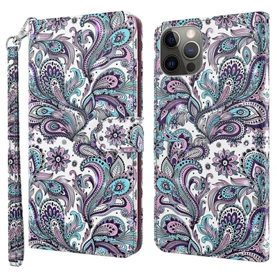 For iPhone 15 3D Pattern Printing Flip Case PU Leather Wallet Stand Phone Cover with Strap - Impatiens
