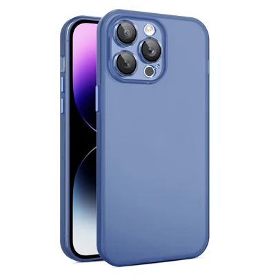 For iPhone 15 Plus Shockproof Phone Case PC+TPU Translucent Matte Cover with Glass Lens Film - Sapphire