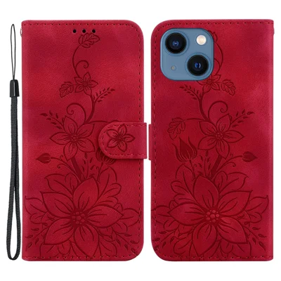 For iPhone 15 Plus Imprinted Lily Flower Case Shockproof PU Leather Wallet Stand Shell - Red