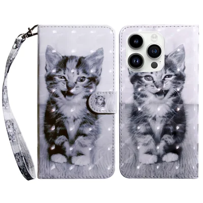 For iPhone 15 Pro PU Leather Stand Wallet Case 3D Pattern Printing Phone Cover with Strap - Cat