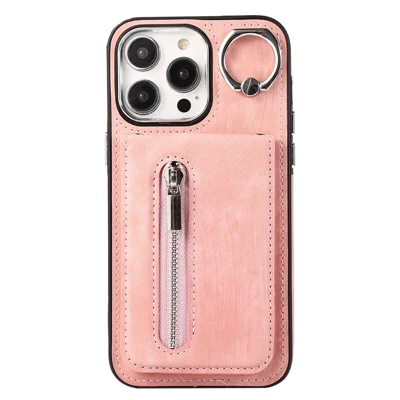 For iPhone 15 Plus Zipper Pocket Phone Case Leather+TPU Kickstand Cover with Hand Strap and Shoulder Strap - Pink