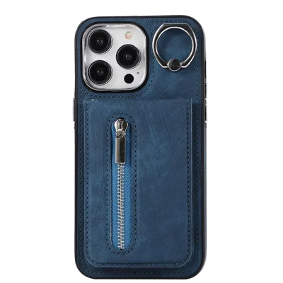 For iPhone 15 Pro Max Kickstand Case Zipper Pocket Leather+TPU Phone Cover with Hand Strap and Shoulder Strap - Blue