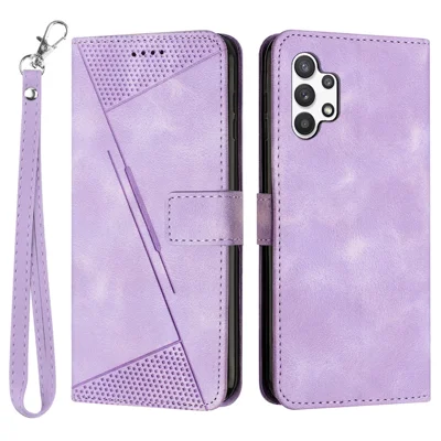 For Samsung Galaxy A32 5G / M32 5G Phone Case Triangle Imprinted Leather Stand Wallet Cover with Strap - Purple