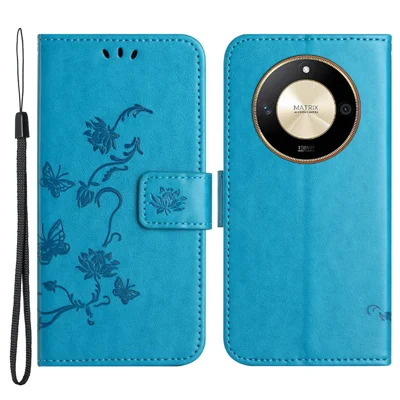 For Honor X50 Butterfly Flower Imprinted Drop-proof Phone Case PU Leather Wallet Stand Cover - Blue