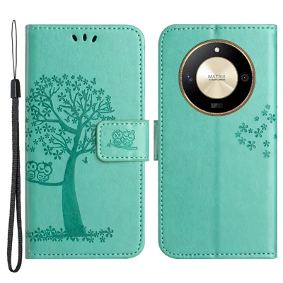 For Honor X50 Owl Tree Imprinted Phone Case PU Leather Wallet Stand Drop-proof Cover - Cyan