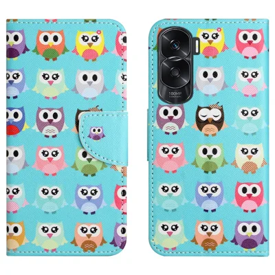 Wallet Phone Case for Honor 90 Lite 5G / X50i 5G , Pattern Printing PU Leather Cross Texture Stand Cover - Owls