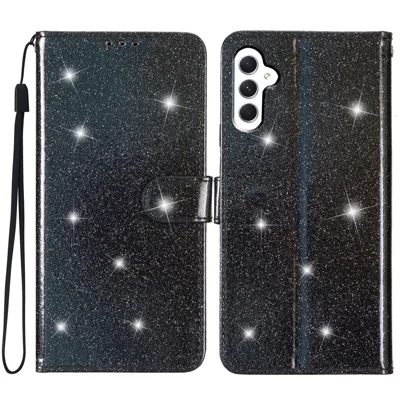 Für Samsung Galaxy A34 5G Glitzernde PU-Leder vollständig umhüllte Folio-Flip-Geldbörse Ständer Handyhülle - Schwarz