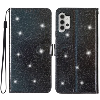 Für Samsung Galaxy A32 4G (EU Version) Glitzerndes PU-Leder-Vollhülle Wallet Stand Handyhülle - Schwarz