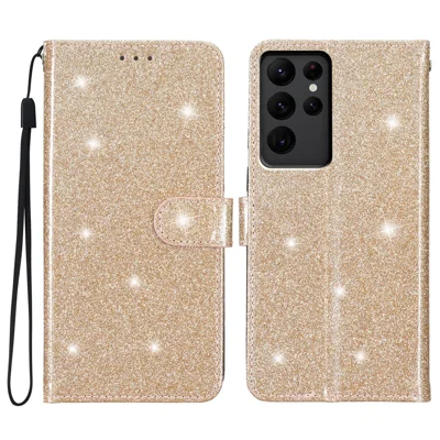 Glittery Phone Cover for Samsung Galaxy S23 Ultra , Wallet Stand PU Leather Phone Case - Gold