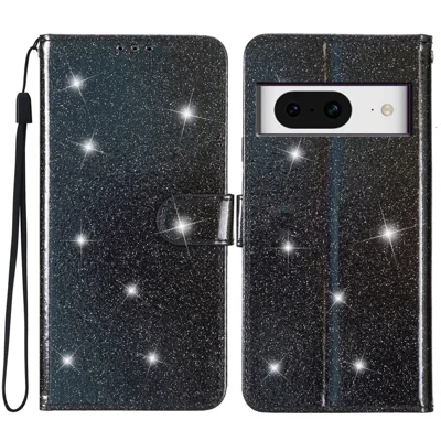 For Google Pixel 8 Wallet Glittery Mobile Phone Case Stand PU Leather Phone Cover - Black