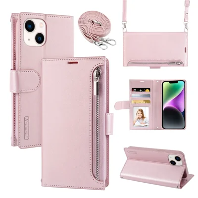 HANMAN Miki Series For iPhone 14 Plus Zipper Pocket Phone Leather Case Wallet Stand Cover with Shoulder Strap - Rose Gold
