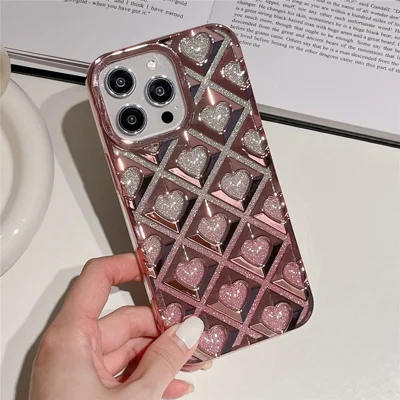 For iPhone 14 Pro Cell Phone Case TPU Shell Electroplating Rhombus Heart Phone Cover - Pink