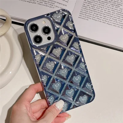For iPhone 14 Pro Max Electroplating Rhombus Heart Phone Case TPU Cell Phone Cover - Blue