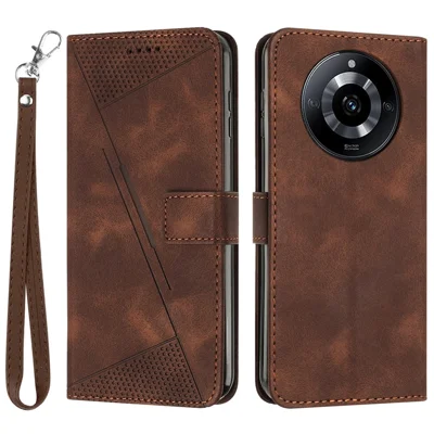 Leather Cover for Realme 11 Pro 5G / 11 Pro+ 5G , Triangle Imprint Wallet Foldable Stand Phone Case with Strap - Brown