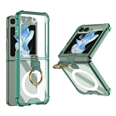 GKK For Samsung Galaxy Z Flip5 5G Kickstand Phone Case Airbag TPU Magnetic Cover - Transparent Green