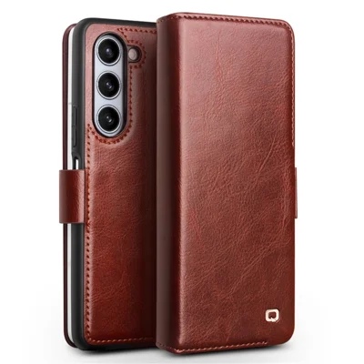 QIALINO Wallet Phone Case für Samsung Galaxy Z Fold5 5G TPU+Echtes Rindsleder Folio Klappcover - Dunkelbraun