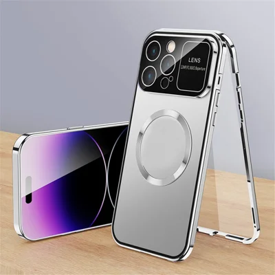 For iPhone 14 Pro Max PC + Aluminium Alloy Hybrid Phone Case All-Wrapped Cover Compatible with MagSafe with Tempered Glass Film - Silver
