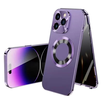 For iPhone 14 Pro Max Anti-peep Phone Case Compatible with MagSafe Aluminium Alloy+Tempered Glass+PC Back Cover - Purple