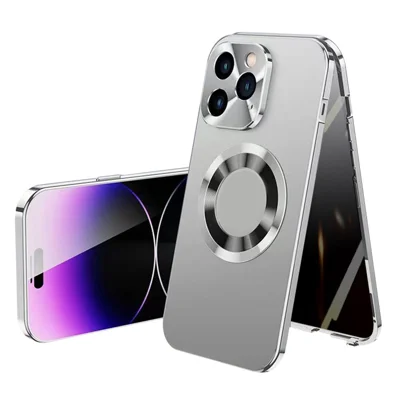 For iPhone 14 Pro Magnetic Phone Case Compatible with MagSafe PC+Aluminium Alloy+ Anti-peep Tempered Glass Phone Cover - Silver