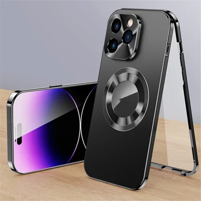Full Protection Phone Case for iPhone 13 Pro Aluminium Alloy+Tempered Glass+PC Cover Compatible with MagSafe - Black
