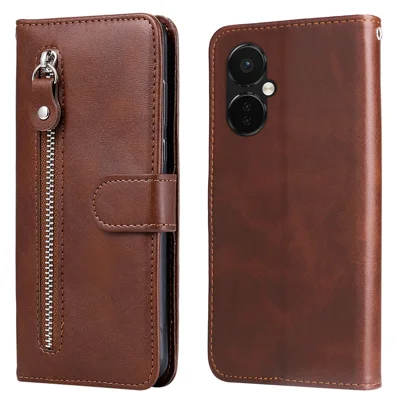 For OnePlus Nord CE3 5G / Oppo K11 5G Zipper Pocket Wallet Stand Phone Case Calf Texture Leather Cover - Brown