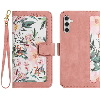 Voor Samsung Galaxy A14 4G / 5G telefoonhoesje met bloemenpatroon Print PU Leren standhoes met kaarthouder - Roze