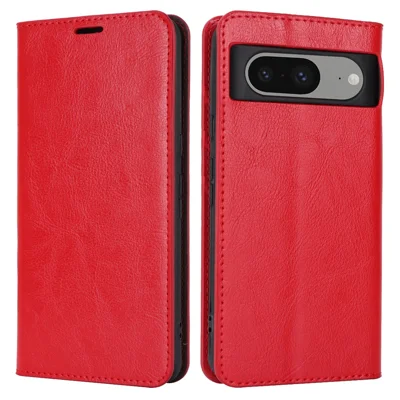 For Google Pixel 8 Flip Stand Wallet Crazy Horse Texture Cover Genuine Cow Leather Phone Case - Red