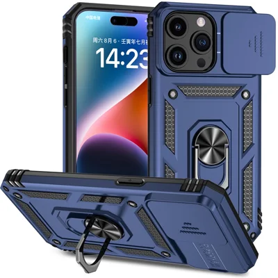 Für das iPhone 15 Pro Max Slide Camera Protector Phone Case Metal Ring Kickstand Anti-scratch PC + TPU Cover - Blau