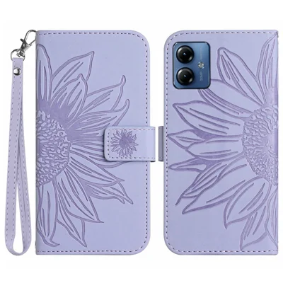 HT04 For Motorola Moto G14 4G Sunflower Imprint Smartphone Cover Leather Wallet Stand Case with Hand Strap - Light Purple