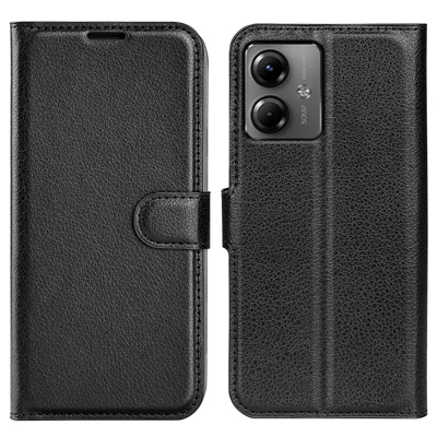 For Motorola Moto G14 4G Cell Phone Case Drop Protection Wallet Litchi Texture Stand PU Leather Phone Cover - Black