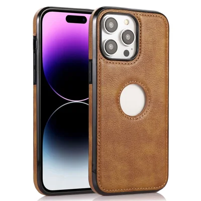 Slim Phone Shell for iPhone 15 Pro Shockproof PU+TPU Case Anti-Fall Logo View Phone Cover - Brown