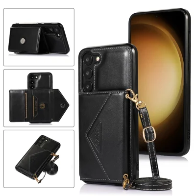 For Samsung Galaxy S23 PU Leather+TPU Kickstand Phone Case Card Holder Slots Cover with Shoulder Strap - Black