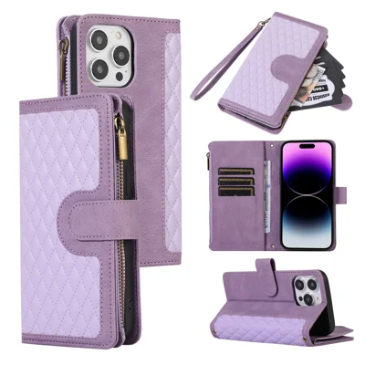 For iPhone 15 Pro Zipper Pocket 9 Card Slots Phone Cover Wallet Stand Case with Wrist+Shoulder Straps - Purple