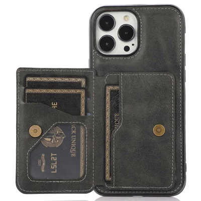 For iPhone 15 Pro Max Drop-proof Phone Case PU Leather + TPU Card Holder Kickstand Back Cover - Black