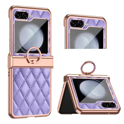 Stitching Line Imprinted Phone Case for Samsung Galaxy Z Flip5 5G PU+PC Kickstand Electroplating Phone Cover - Purple