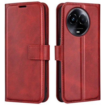 For Realme 11x 5G / 11 5G (Global) Phone Case Wallet Stand PU Leather Shell Calf Texture Full Protection Phone Cover - Red