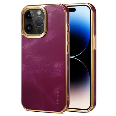 DENIOR For iPhone 15 Pro Max Waxy Genuine Cow Leather+PC+TPU Phone Case Electroplated Back Cover - Purple