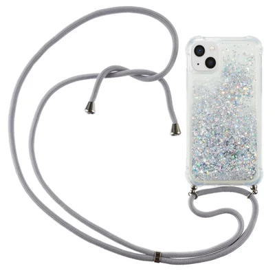 For iPhone 15 Plus TPU Cell Phone Case Mobile Phone Cover Liquid Sequins Decor Shell with Long Strap - Silver