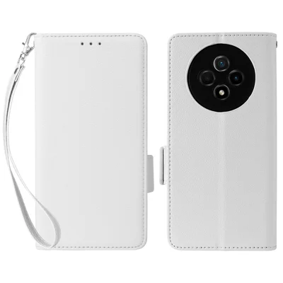 Plånboks mobilskal till Wiko Hi Enjoy 60 Pro 5G med litchi-struktur i PU-läder med ställfunktion och rem - Vit