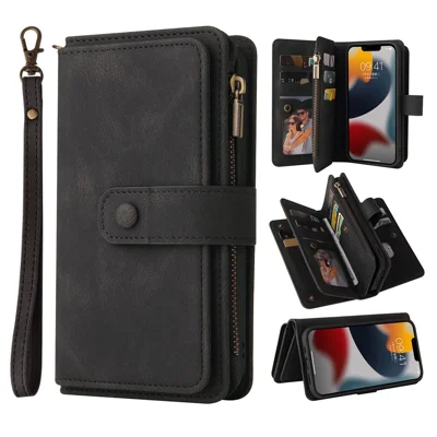 For iPhone 15 Plus Zipper Wallet Case with 15 Card Slots and Strap Leather Phone Cover - Black