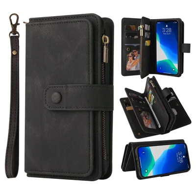 For iPhone 15 Pro Zipper Wallet Case with 15 Card Slots and Strap Leather Phone Cover - Black